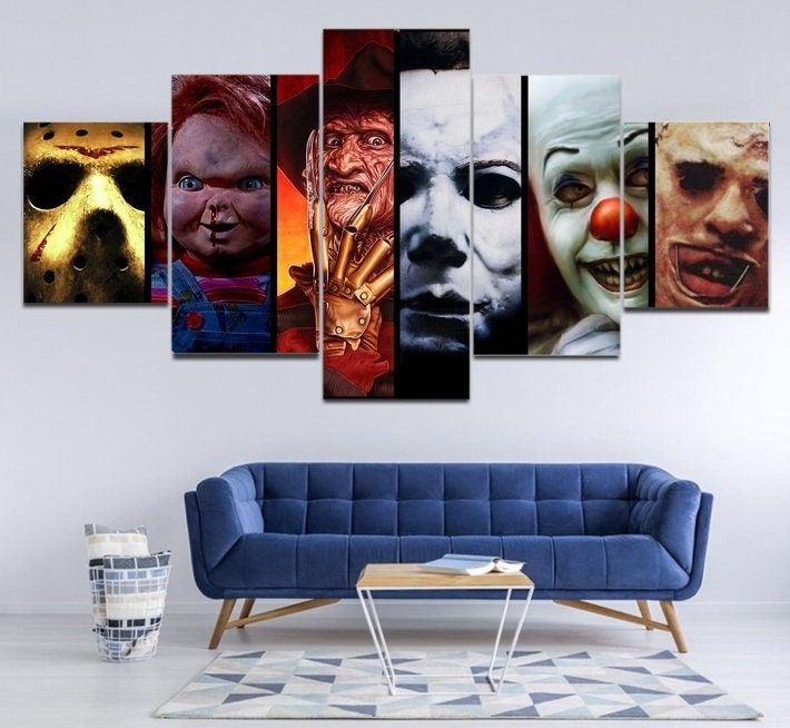 Horror Wall Art, Classic Horror Villains Canvas Framed, Horror Movie Prints, Jason Voorhees, Freddy Krueger, Michael Myers ECT.