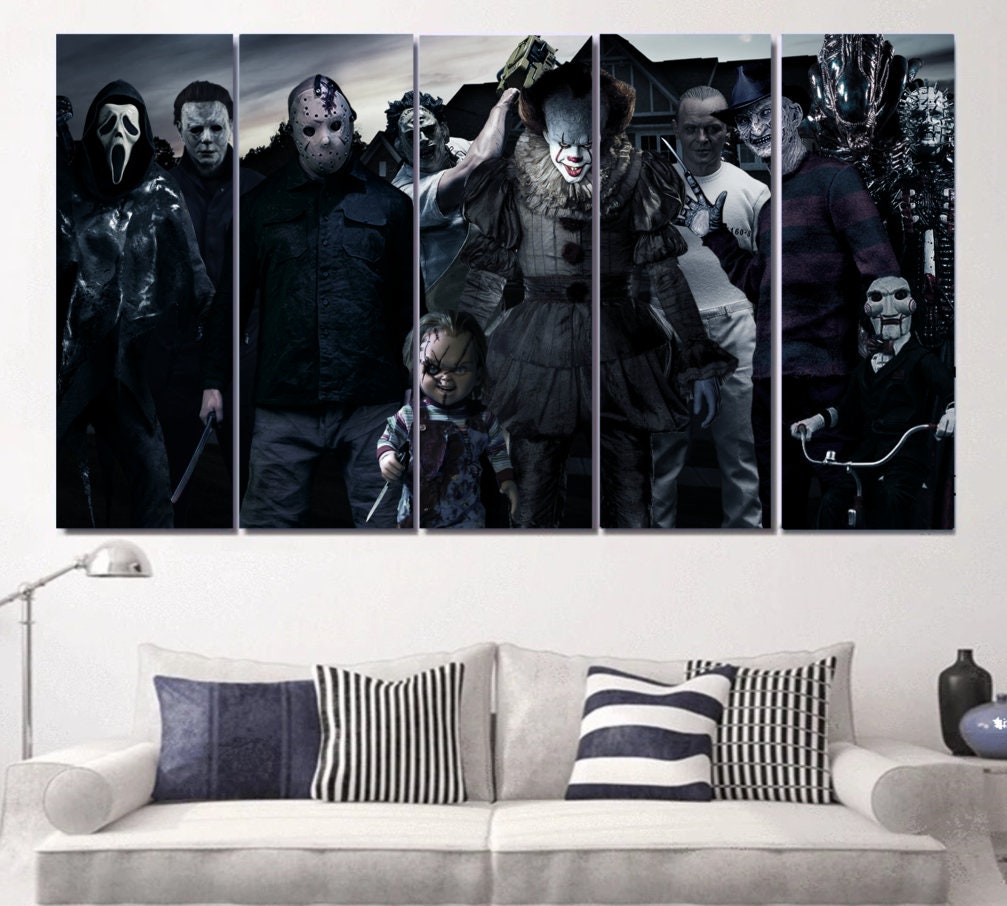 Horror Wall Art, Classic Horror Villains Canvas Framed, Horror Movie Prints, Jason Voorhees, Freddy Krueger, Michael Myers ECT.